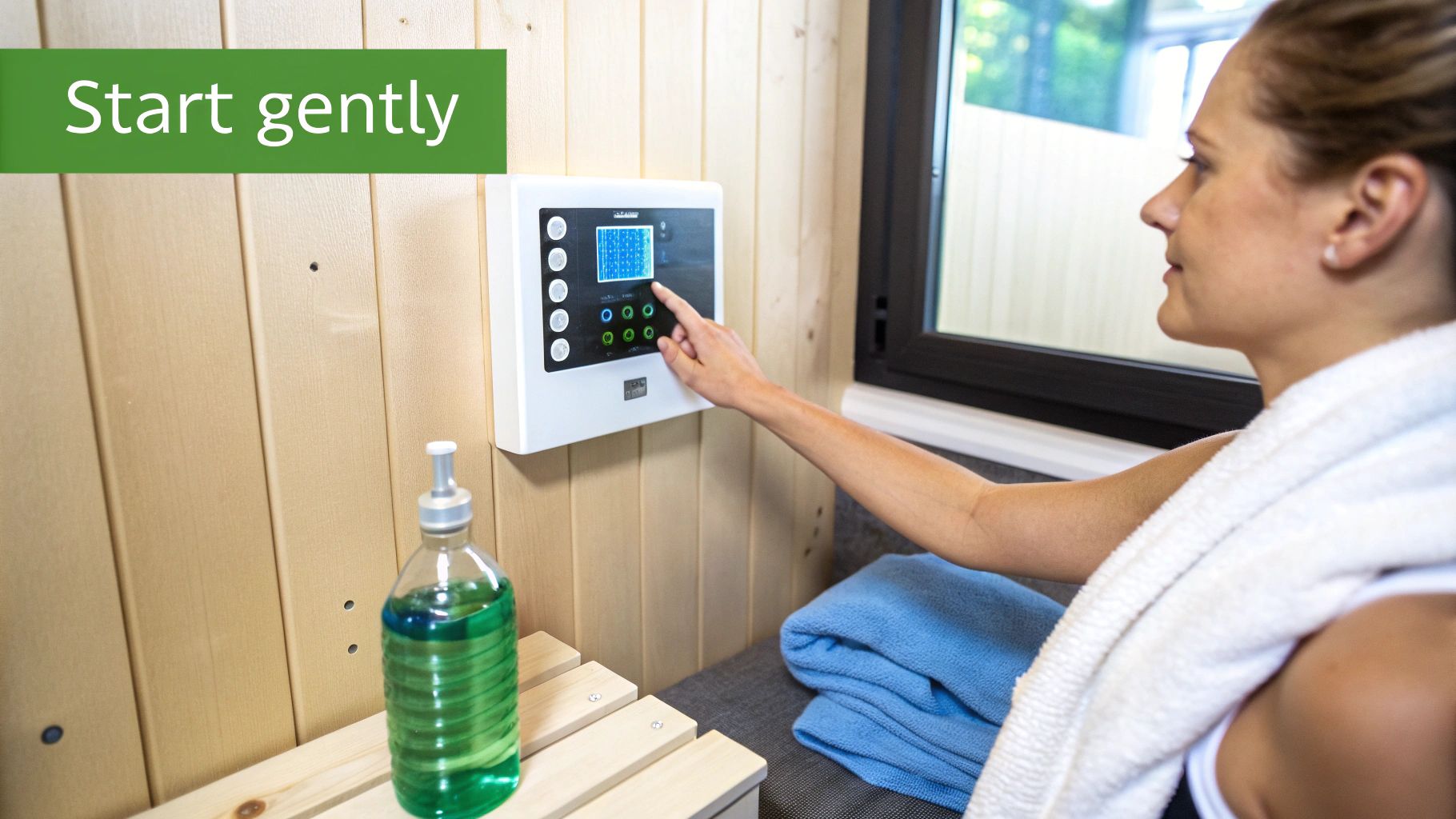 Woman in a sauna adjusting the control panel, preparing for a gentle wellness session.