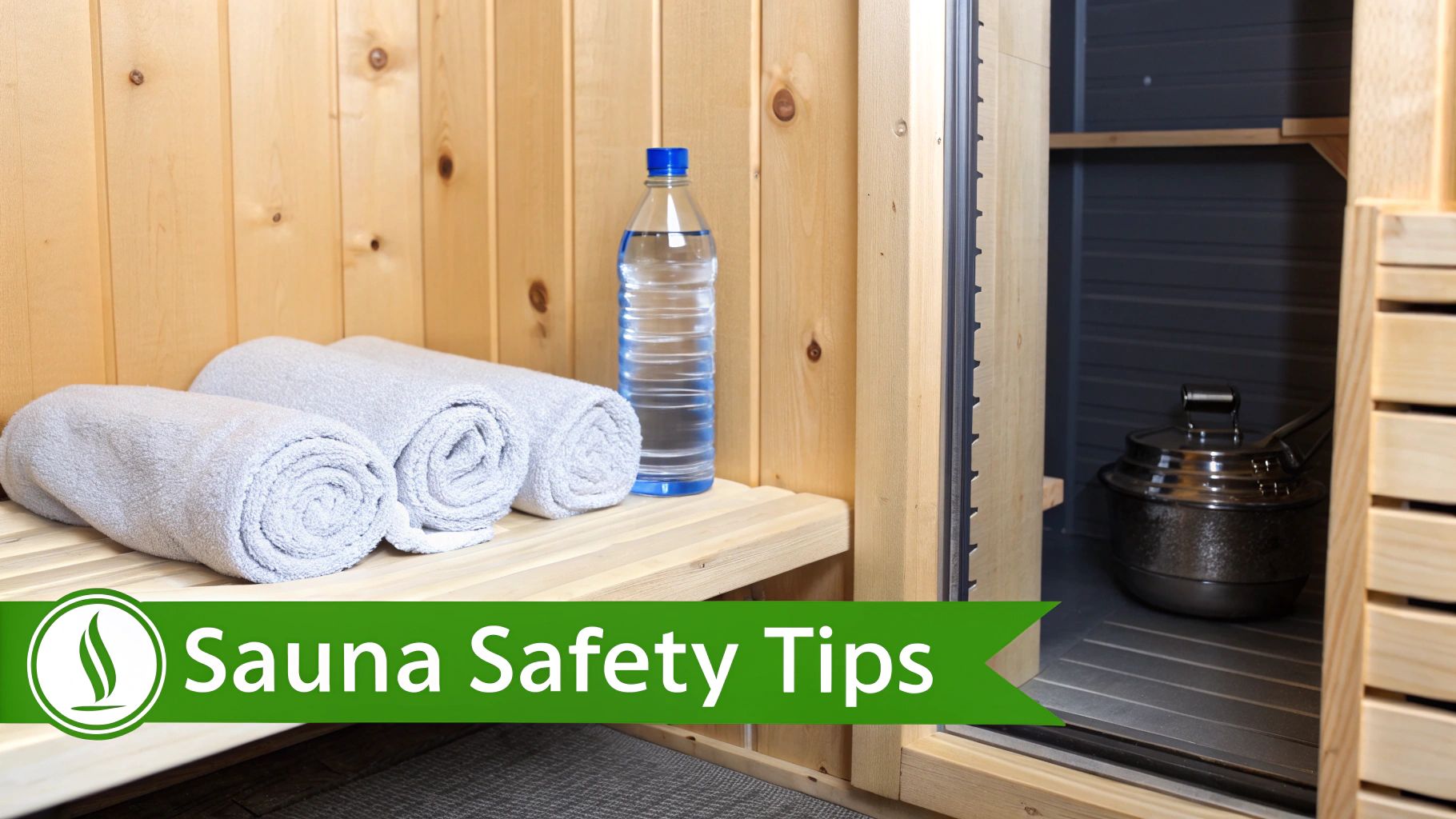 Sauna interior featuring rolled towels, a water bottle, and a 'Sauna Safety Tips' banner.