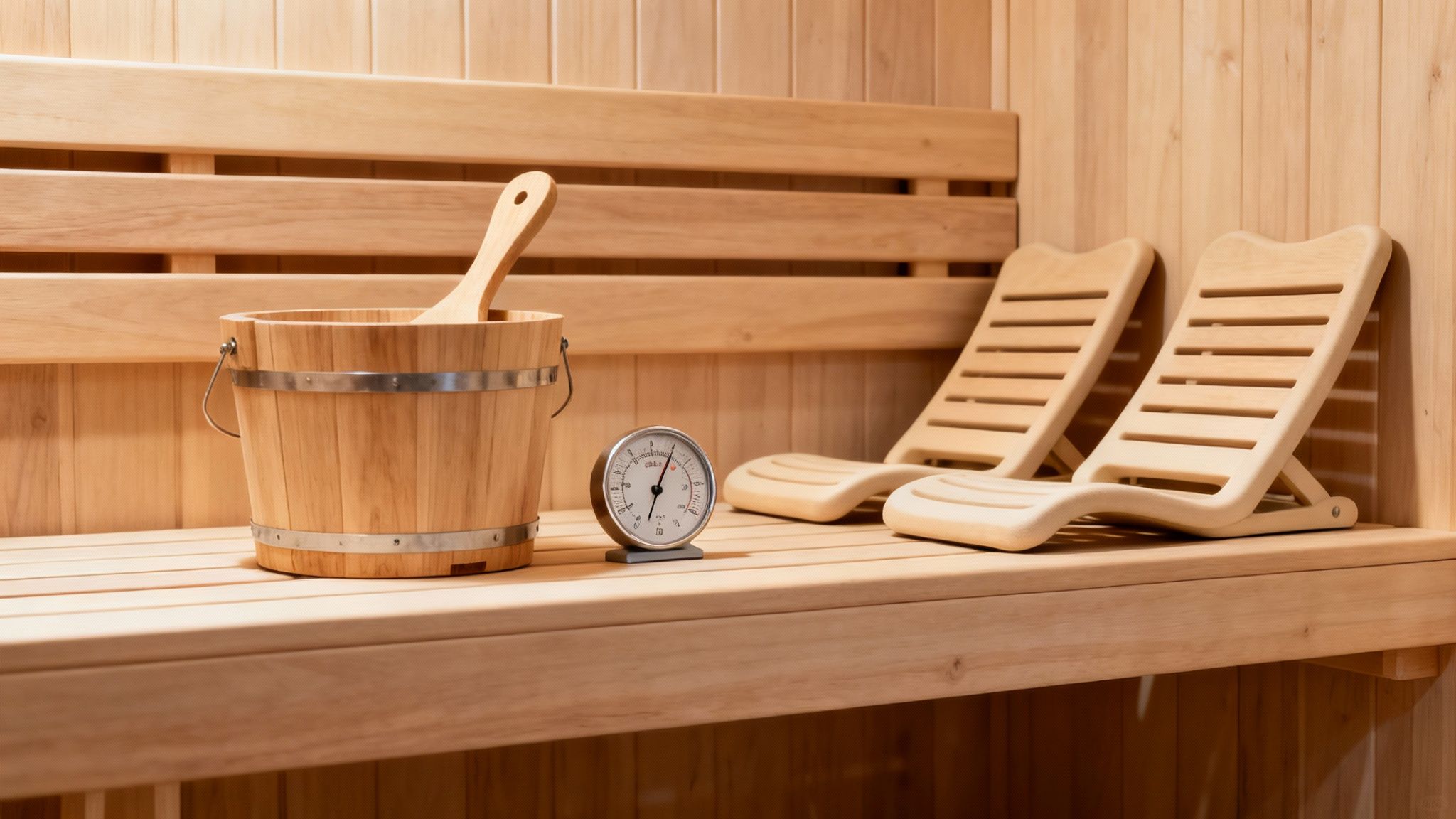 People relaxing in a well-accessorized outdoor sauna