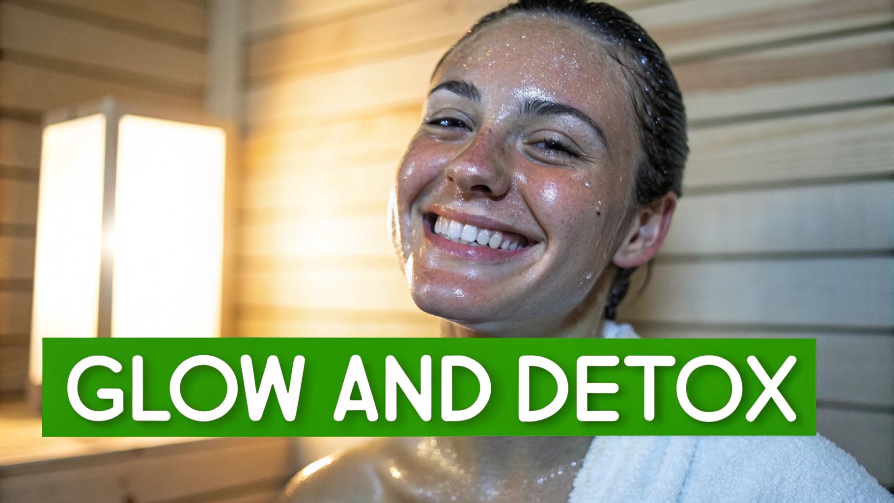 A smiling woman with a glowing, sweaty face in a sauna, promoting glow and detox.