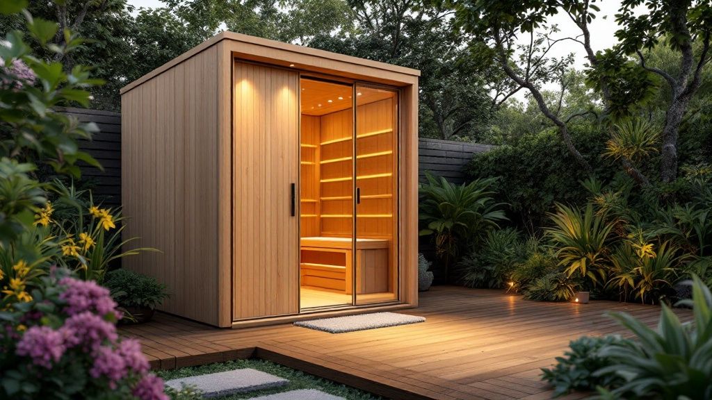 A serene outdoor infrared sauna placed in a lush backyard garden setting.