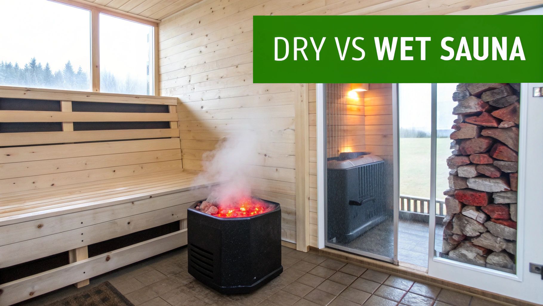 Interior of a sauna room featuring a steaming heater, wooden benches, and outdoor view.