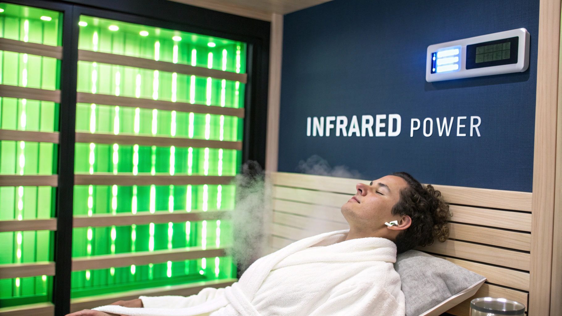 A person in a white robe relaxing in a modern infrared sauna with green light panels and mist.