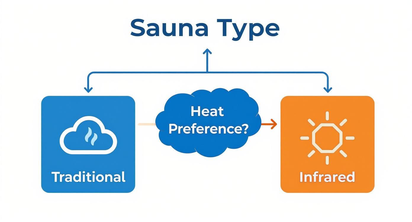 Decision flowchart showing traditional versus infrared sauna types based on heat preference with icons