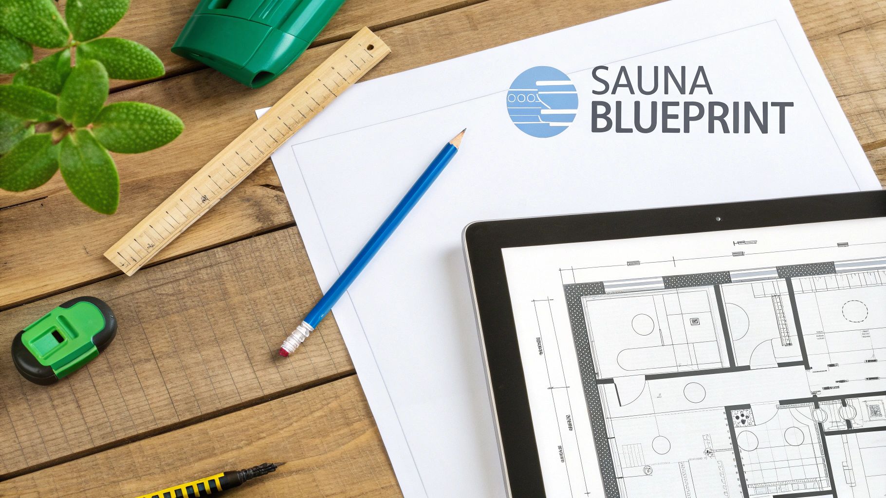 Design workspace flat lay with 'Sauna Blueprint' document, tablet showing floor plans, and drafting tools.