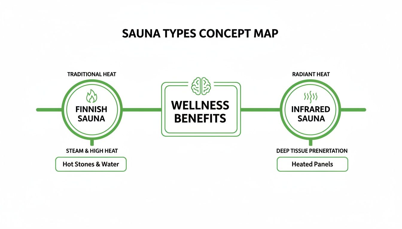 Concept map showing Finnish and Infrared sauna types, heat sources, and associated wellness benefits.