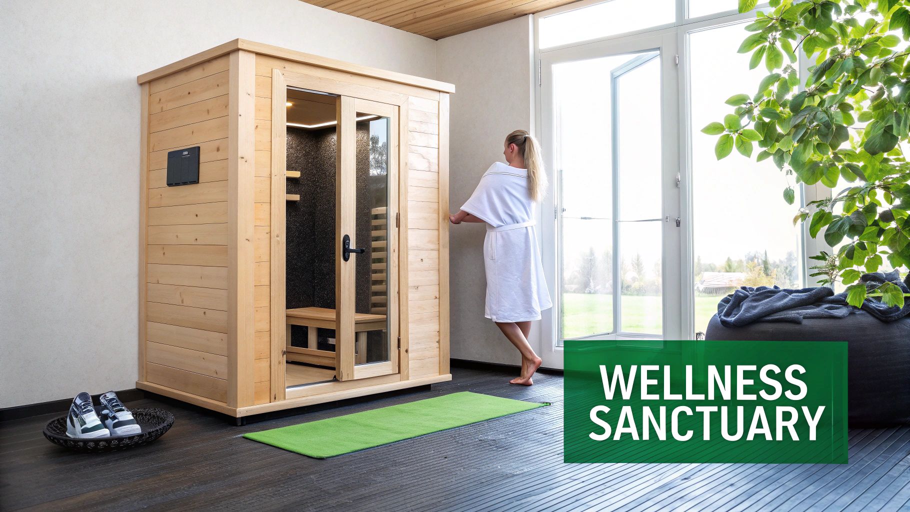 A woman in a white robe stands by a modern wooden sauna in a bright wellness room.