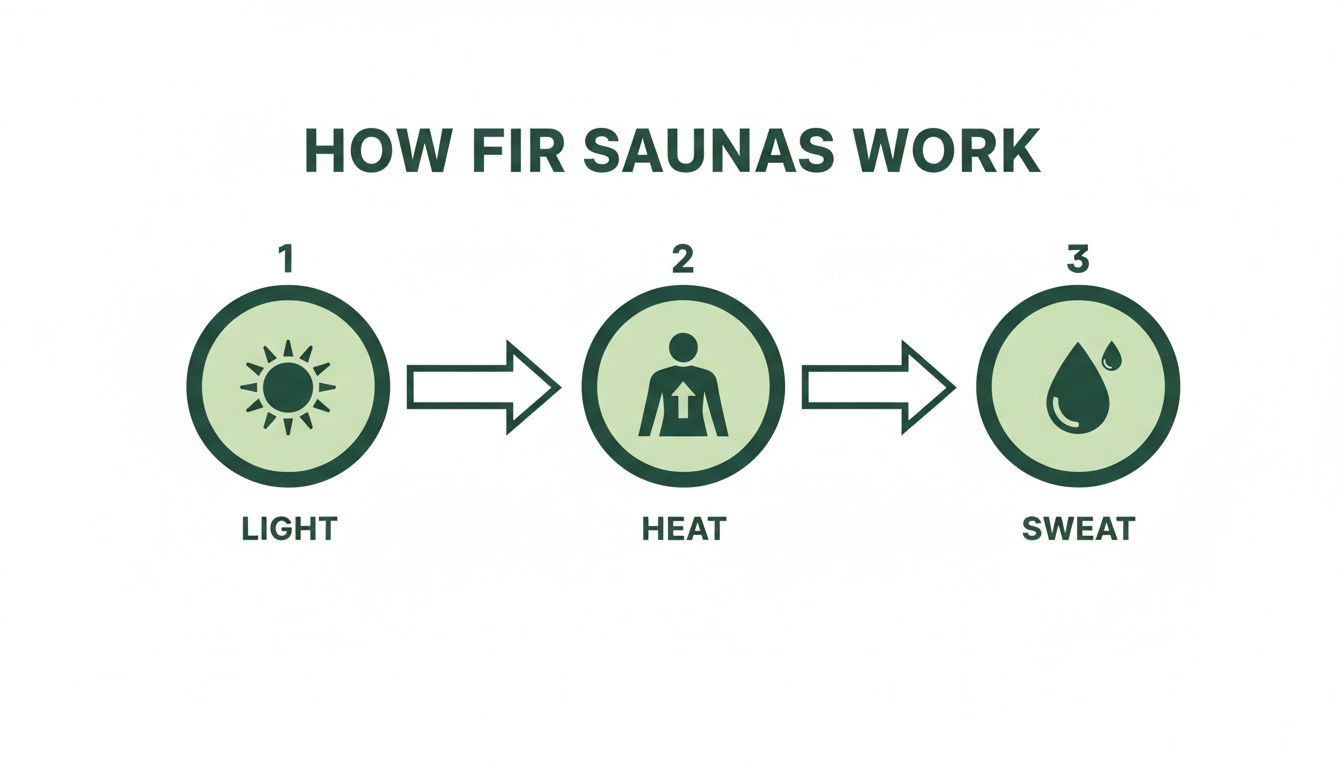 Infographic showing how FIR saunas work in three steps: light, heat, and sweat.