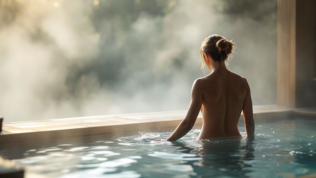 A modern outdoor sauna next to a cold plunge tub in a serene backyard setting.