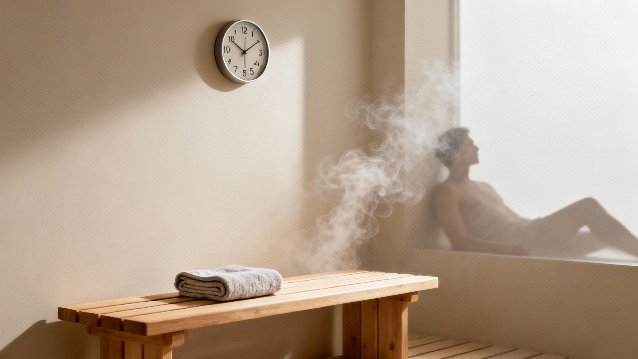 A person relaxing inside a modern, well-lit sauna.