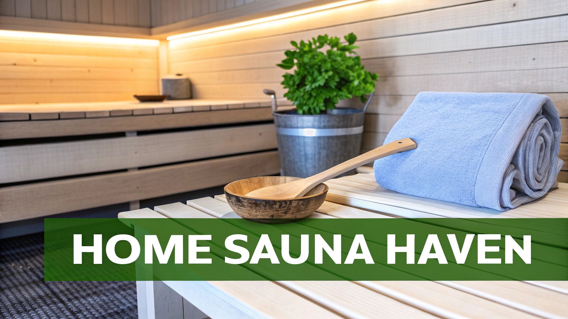 A cozy home sauna interior with wooden benches, a plant, a wooden ladle, and a blue towel.