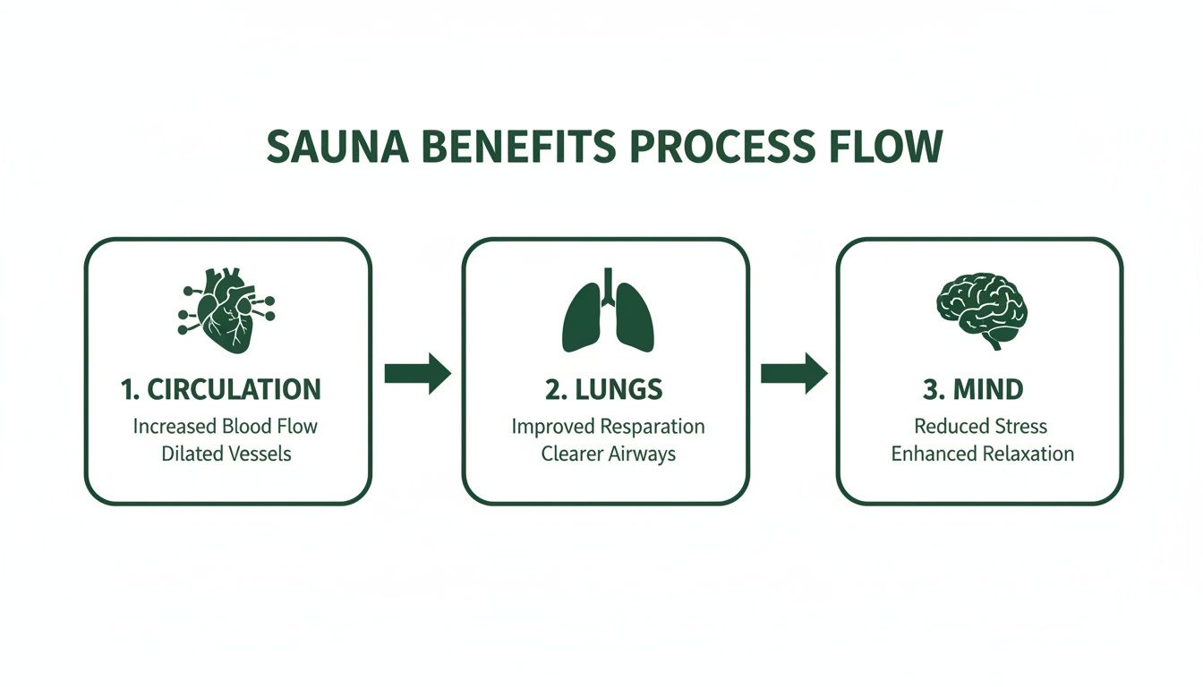 Sauna benefits process flow diagram detailing positive effects on circulation, lungs, and mental well-being.