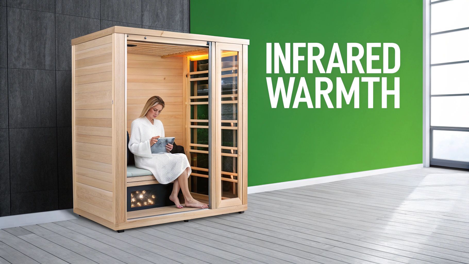 A woman in a white robe relaxing inside a modern wooden infrared sauna, reading a tablet.