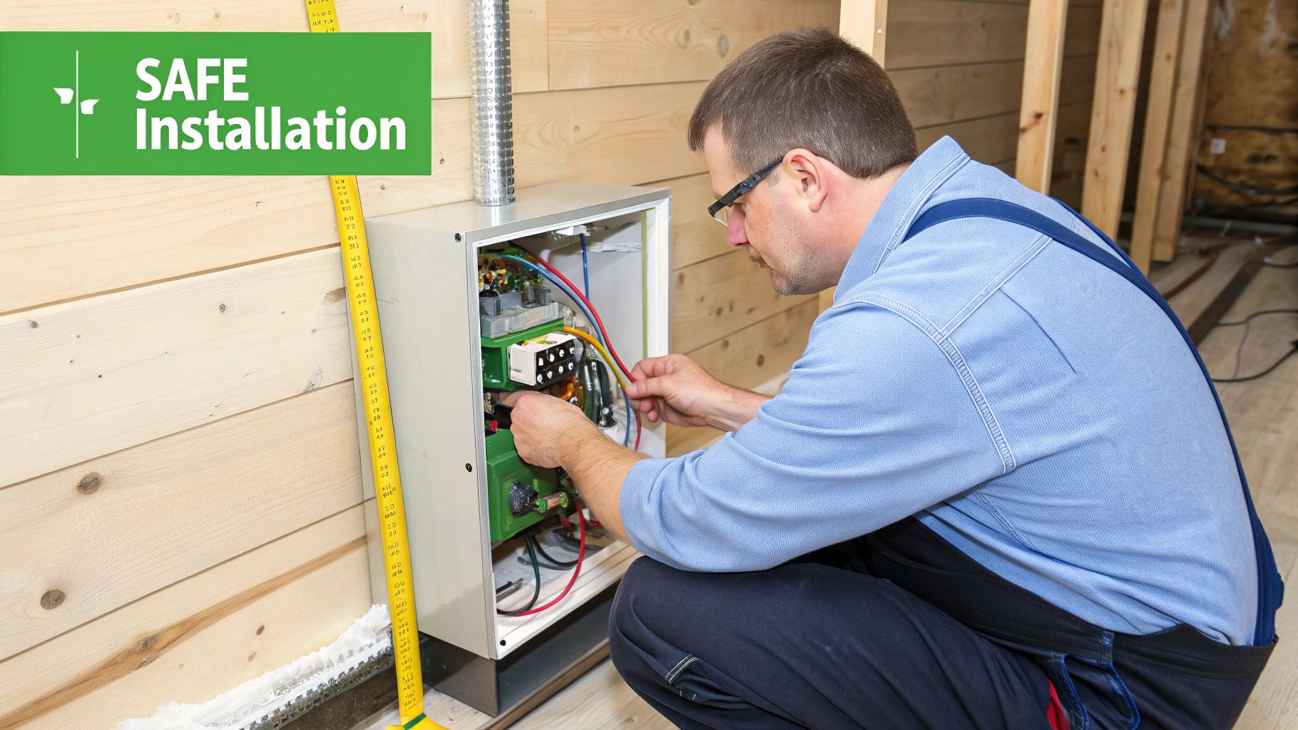 A man in blue workwear installing wires in an electrical control box, with a 'SAFE Installation' banner.