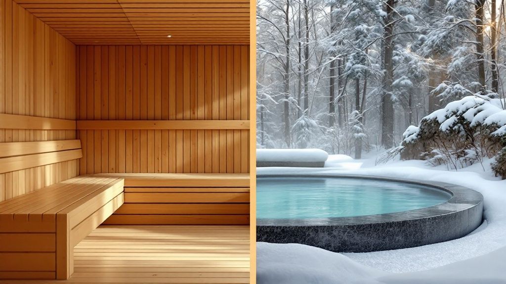 A luxurious home sauna and cold plunge setup ready for use.
