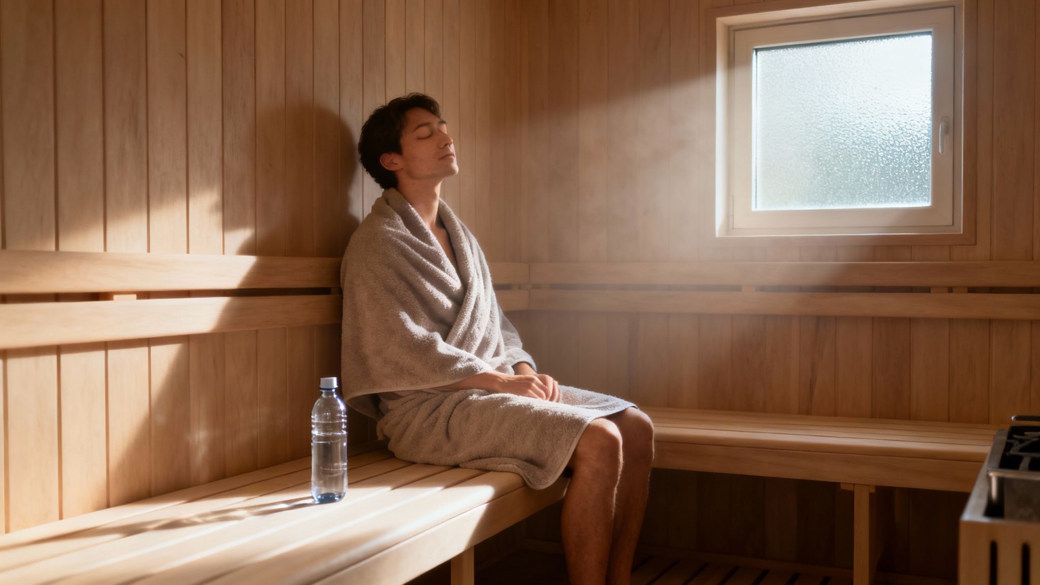 Relaxed man sitting in a home sauna