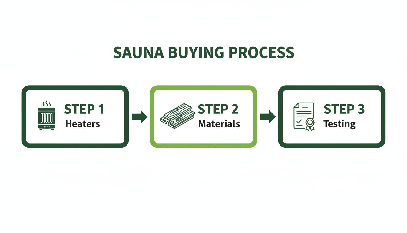 Infographic outlining the sauna buying process, showing three steps: choosing heaters, selecting materials, and final testing.