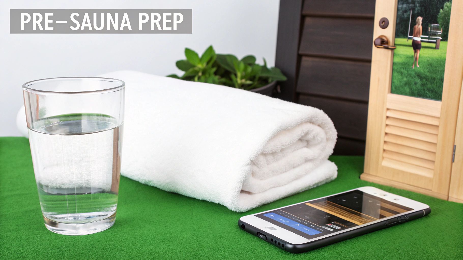 A glass of water, a white towel, and a smartphone arranged on a green surface for sauna preparation.