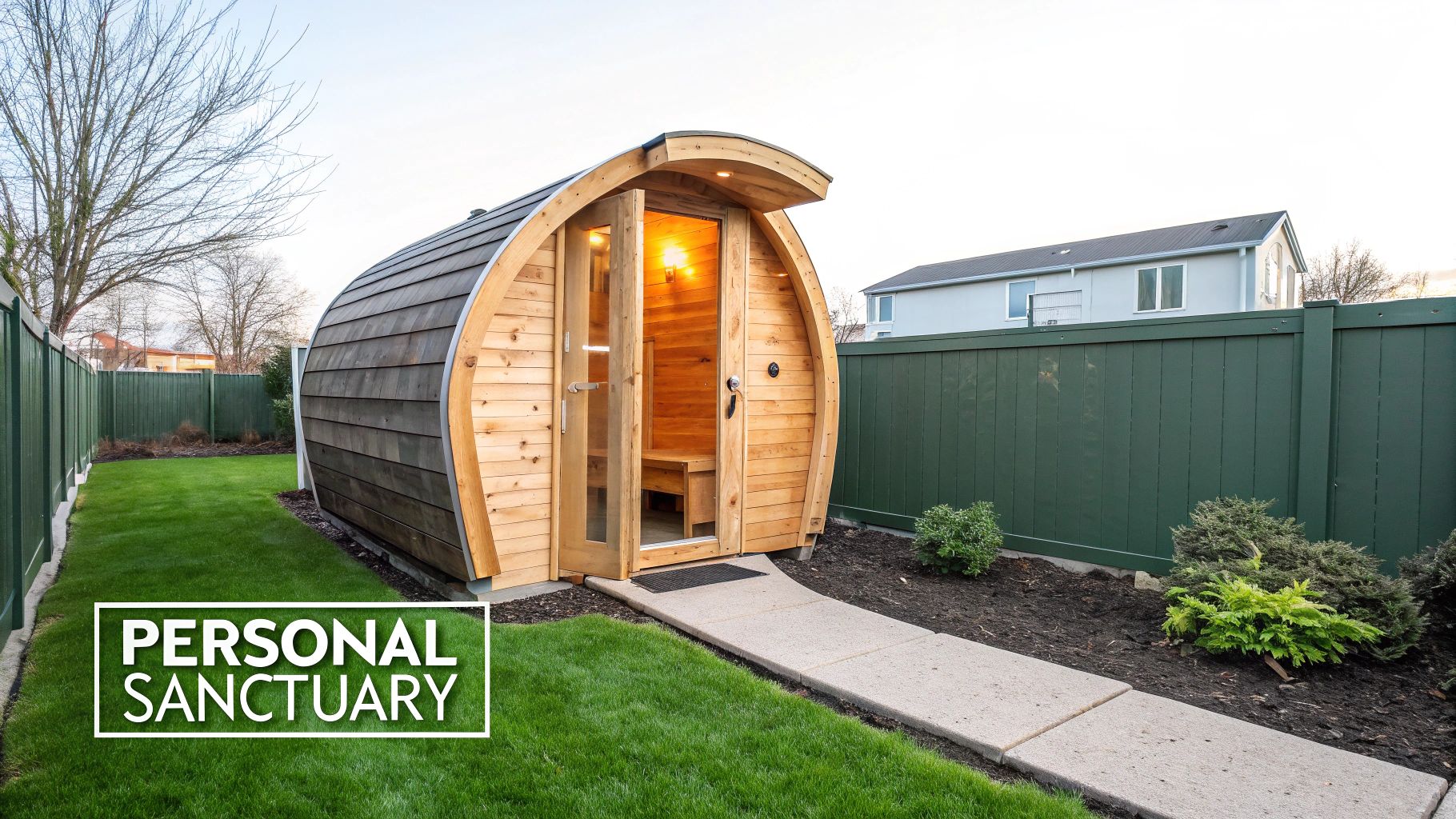 A barrel-shaped wooden sauna with an open door stands in a green backyard with a path and fence.
