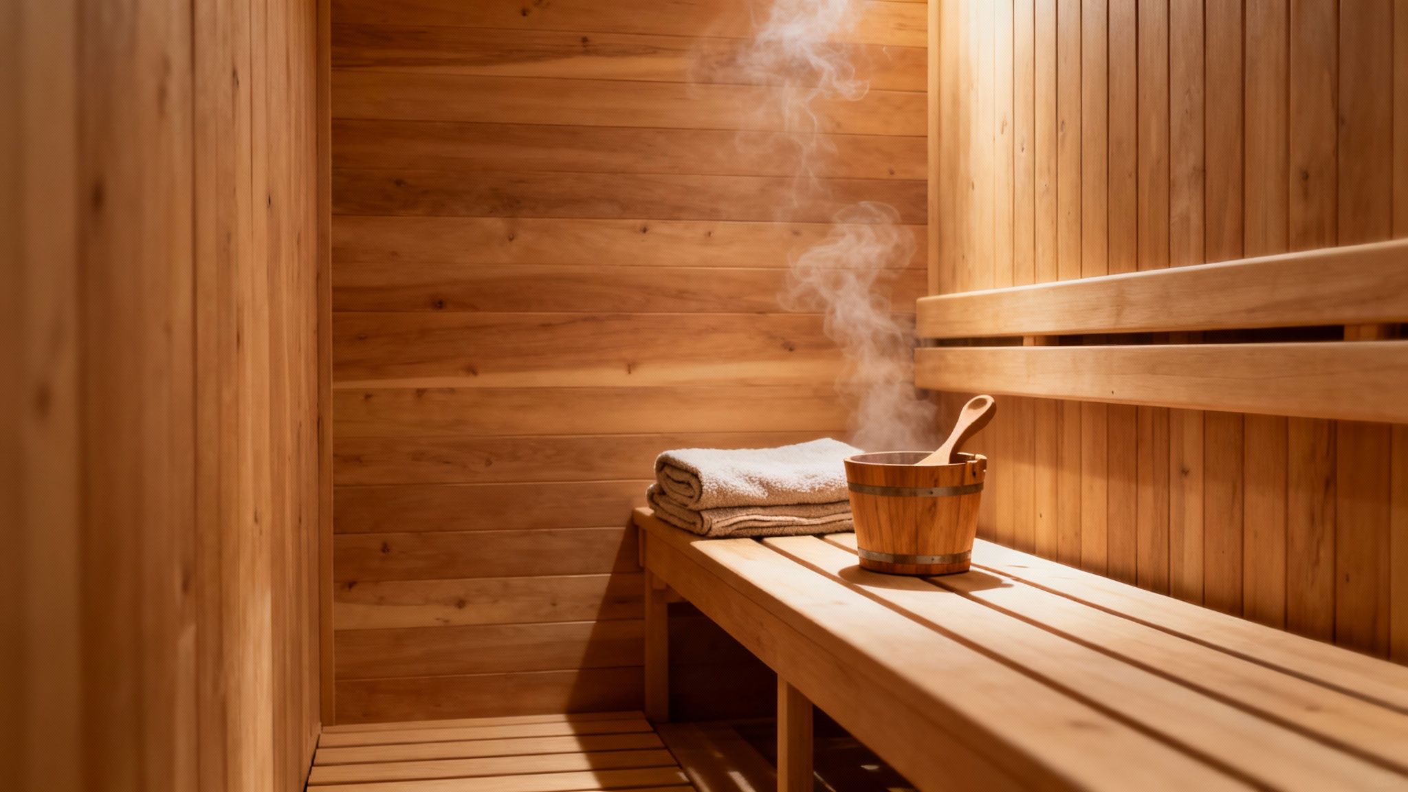 A person relaxing in a well-equipped home sauna with accessories.