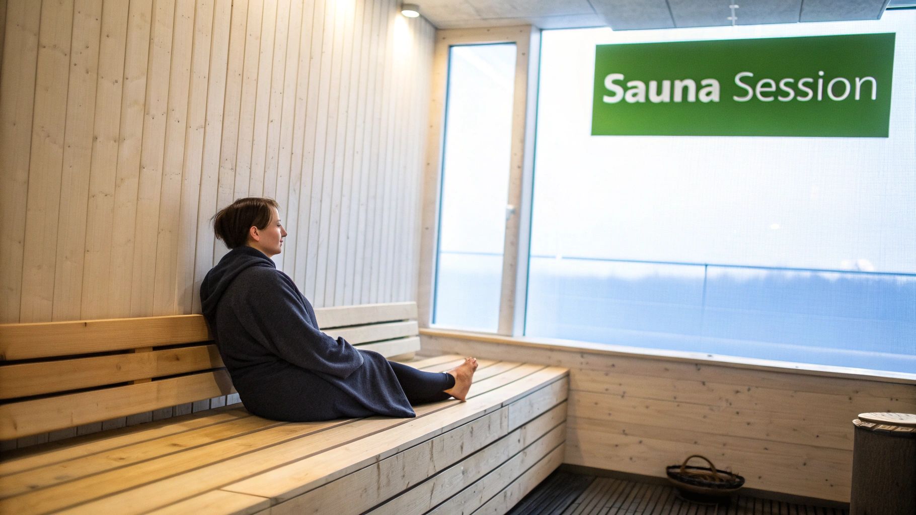 A woman in a dark robe relaxing on a wooden bench in a modern sauna room with a large window and a "Sauna Session" sign.
