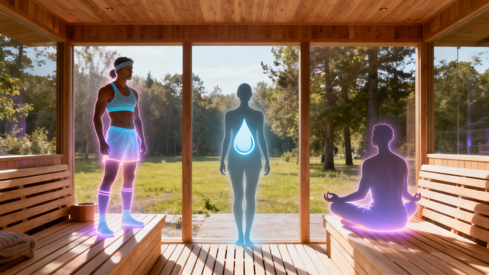 A person relaxes inside a spacious outdoor infrared sauna.