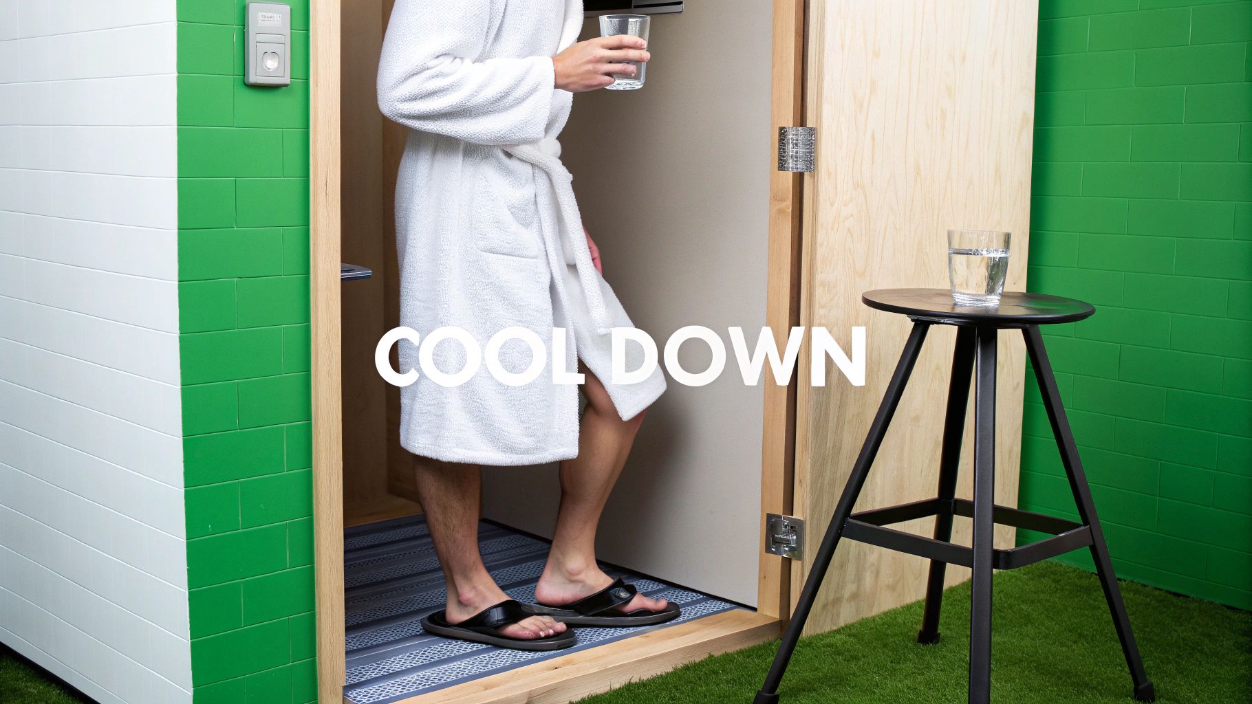 Person in white bathrobe stepping out of a sauna, holding a glass of water to cool down.