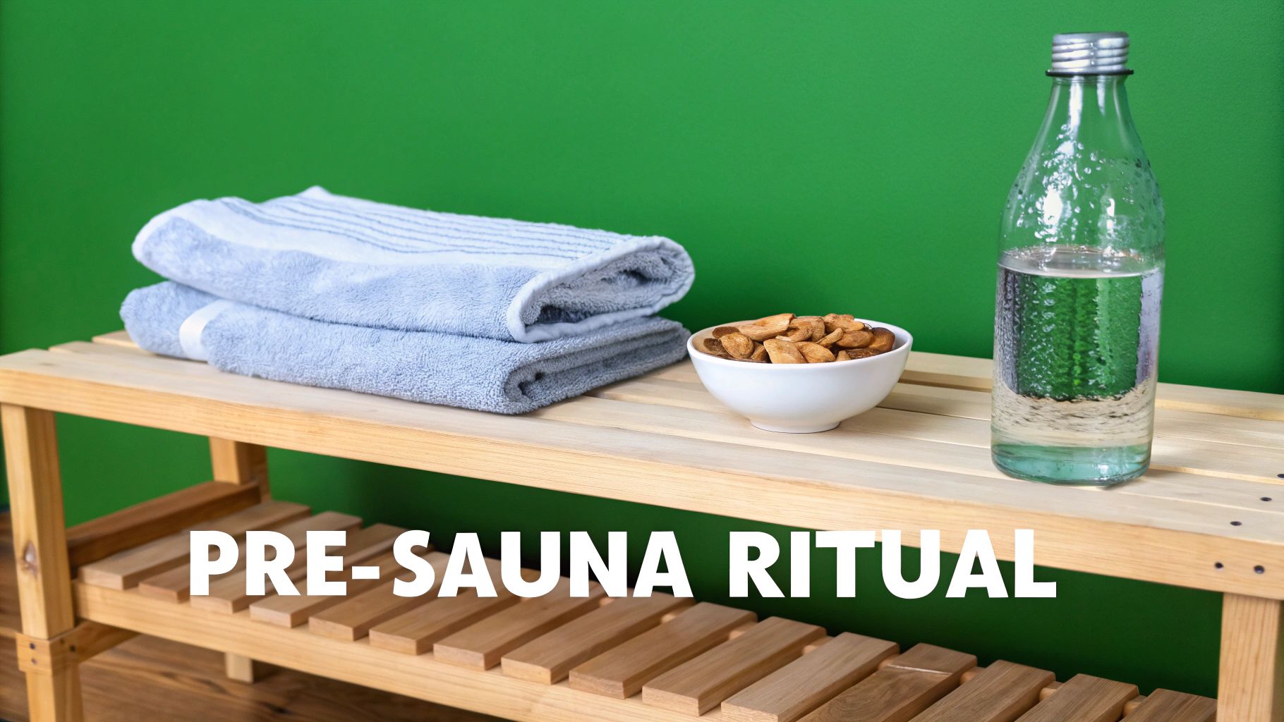 Two blue towels, a bowl of nuts, and a water bottle on a wooden bench for a pre-sauna ritual.