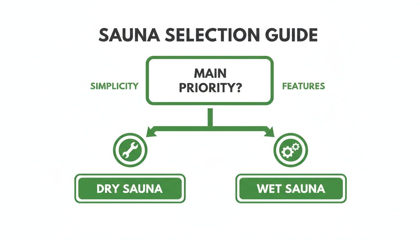 A sauna selection guide flowchart illustrating choices: Dry Sauna for simplicity, Wet Sauna for features.