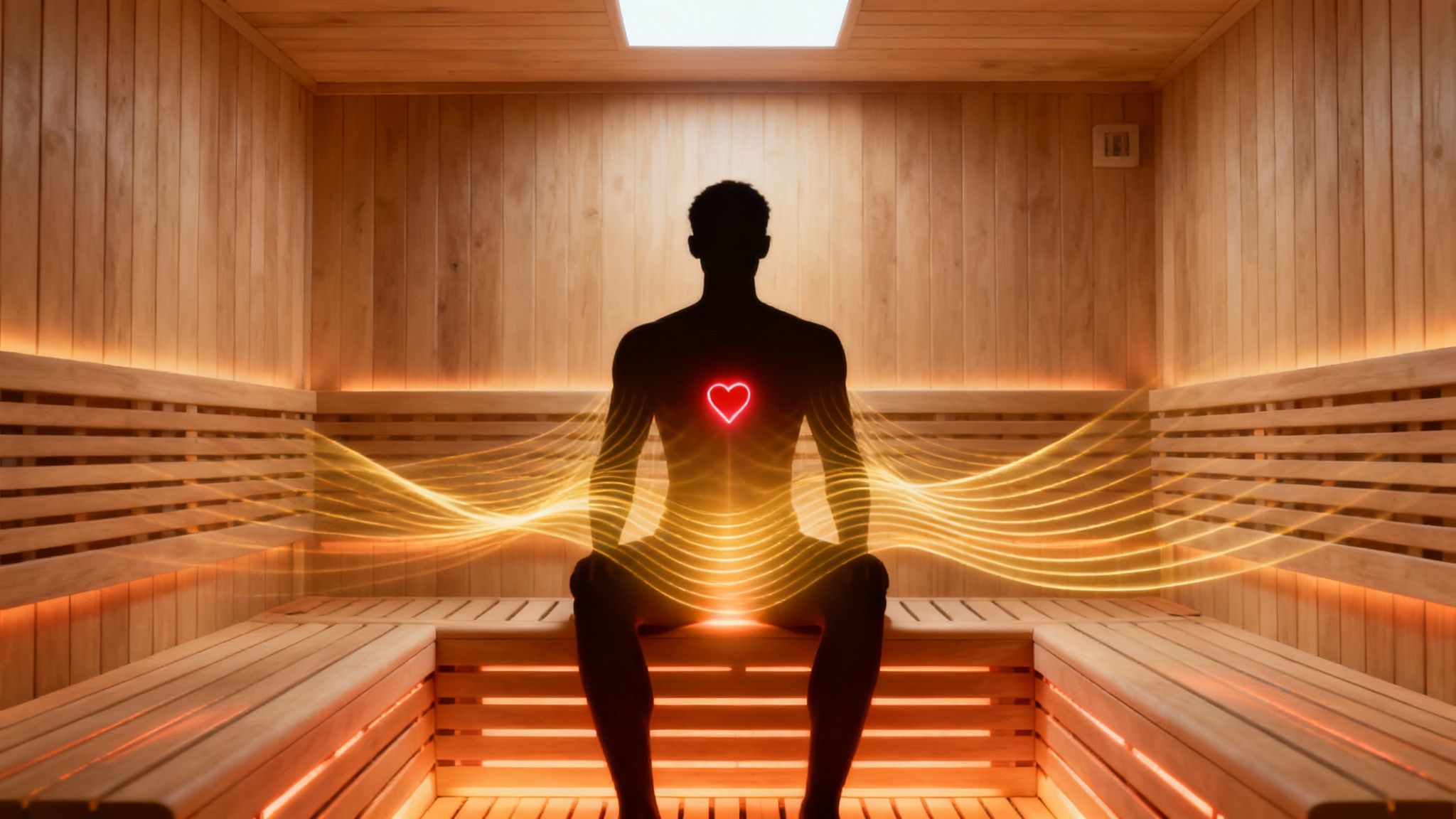A woman relaxing inside a Mande Spa Outdoor sauna, with subtle light illustrating the infrared heat.