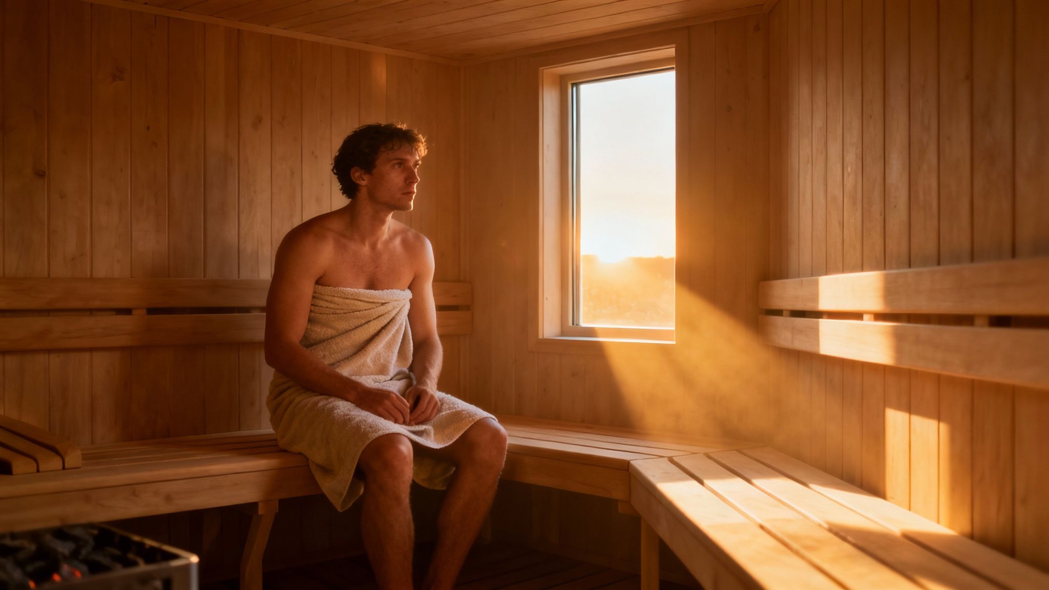 A person enjoying the view from a sauna in the morning