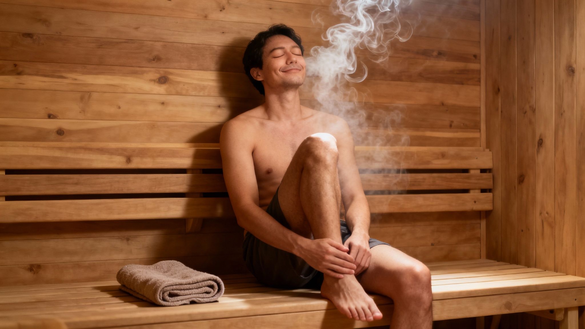 A person relaxing in a well-lit sauna, looking relieved and comfortable.
