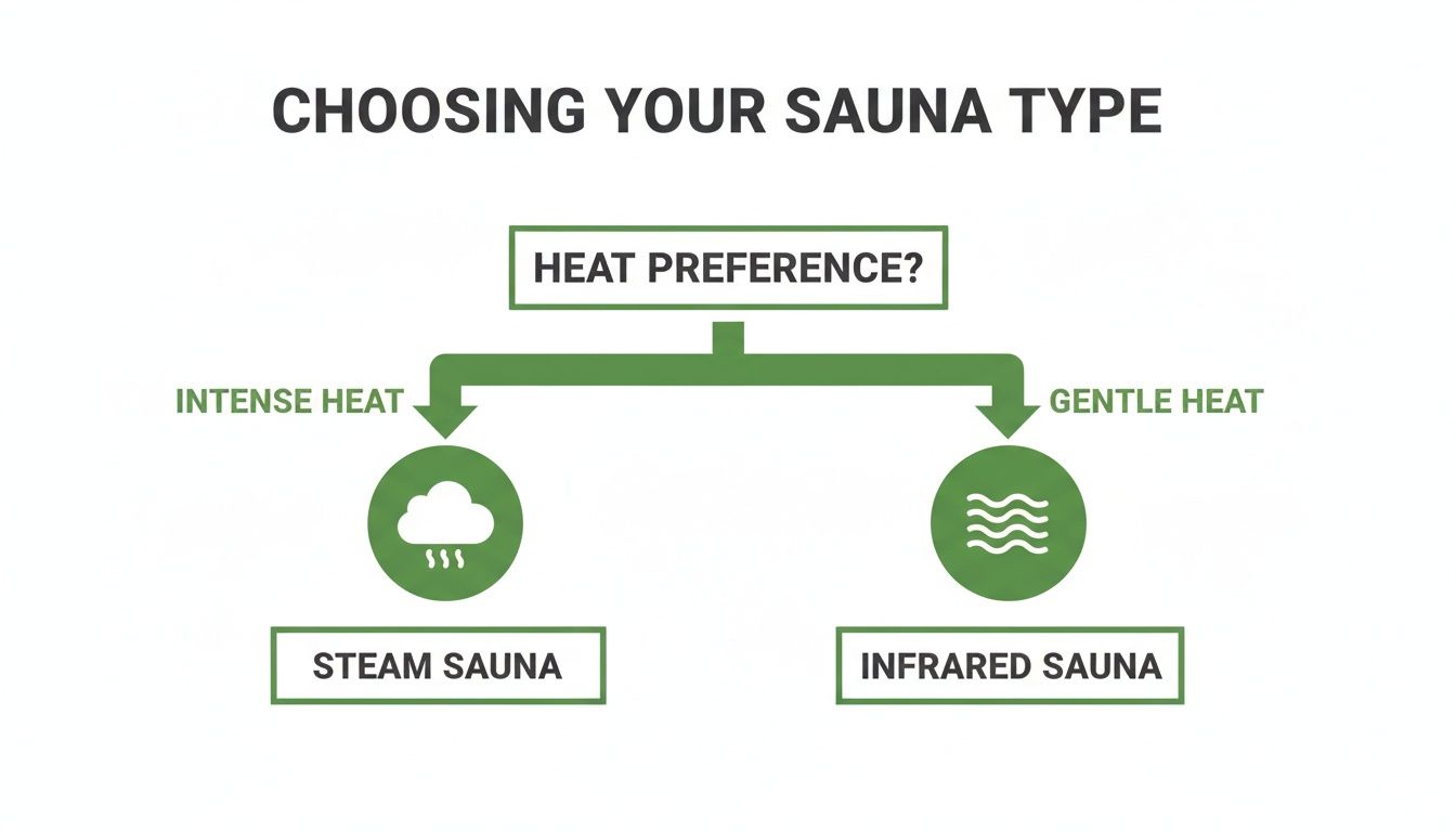 A flowchart guides choosing a sauna type based on heat preference, showing steam and infrared options.