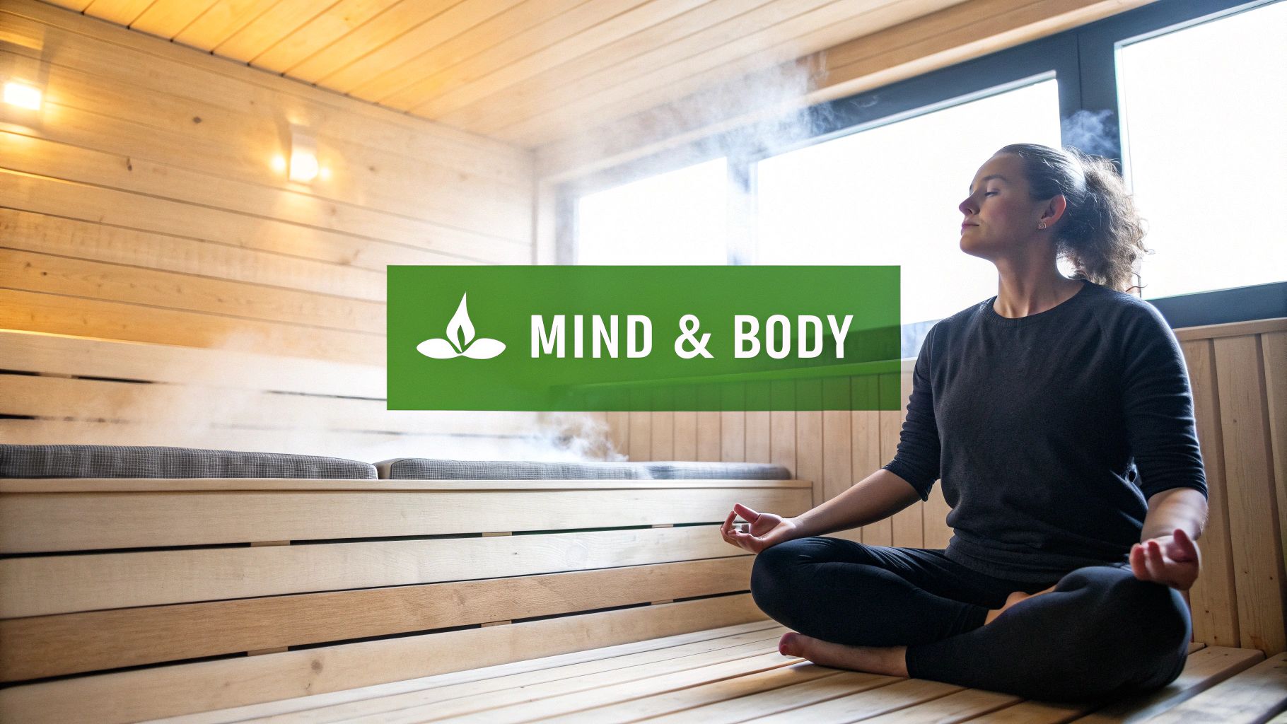 A serene woman practices meditation in a hot, steamy wooden sauna for relaxation.