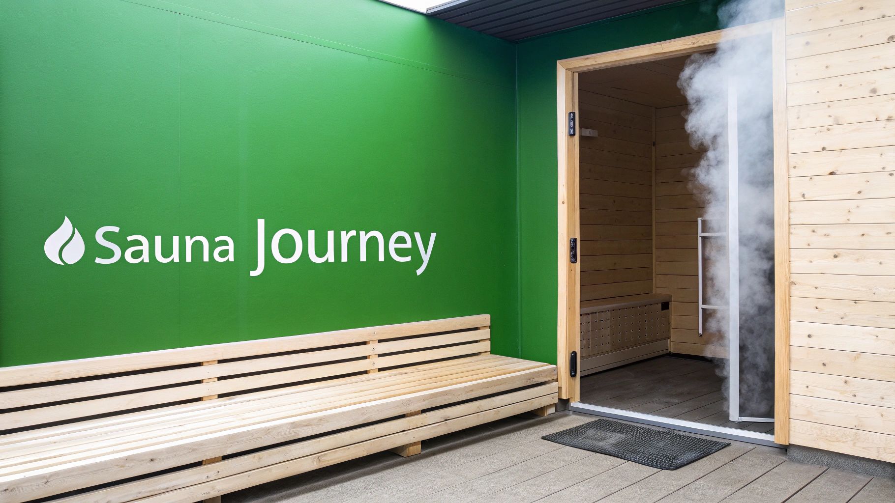 A modern outdoor sauna with a green wall featuring 'Sauna Journey' text and steam billowing from the open door.