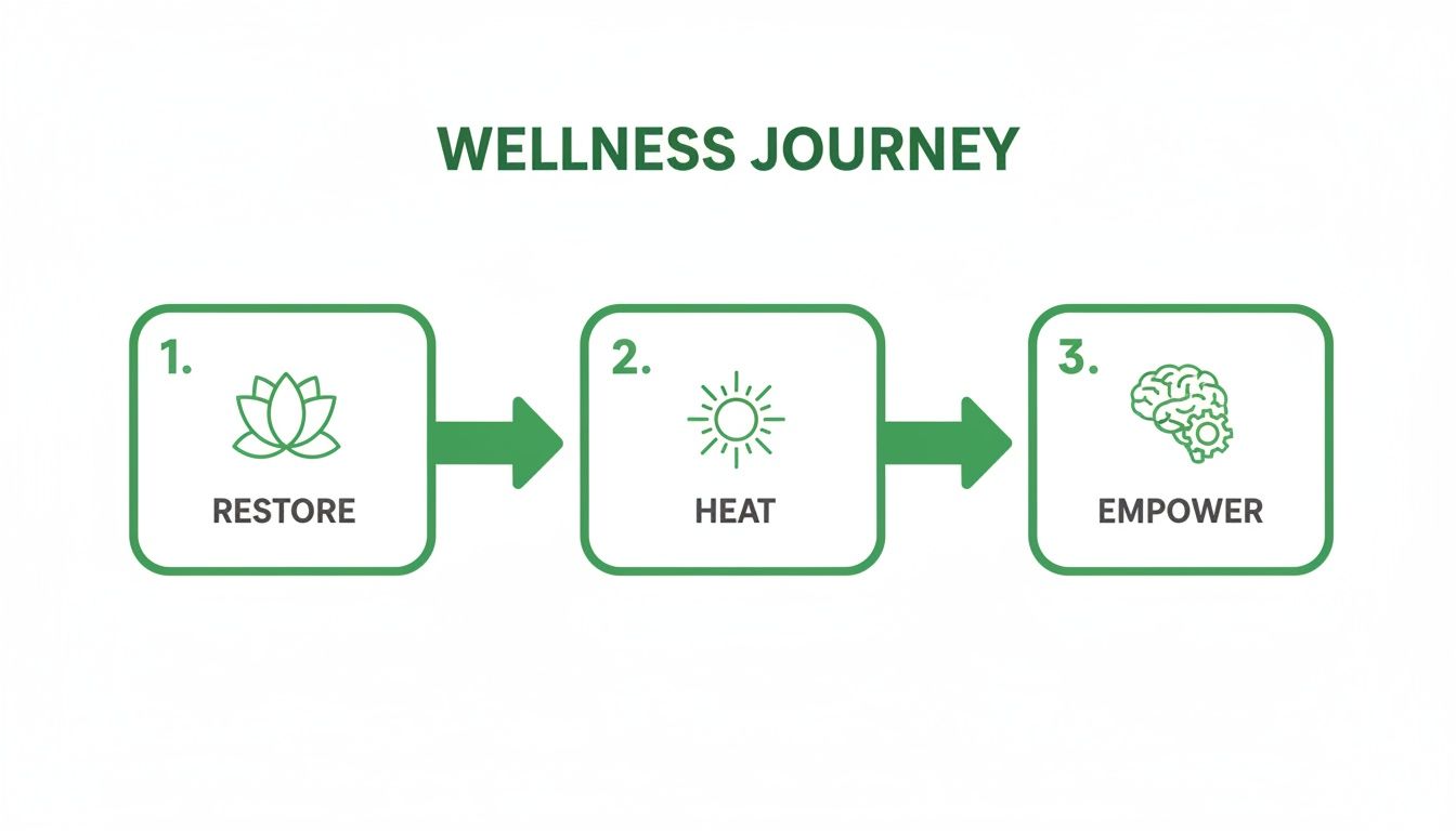 A three-step wellness journey showing Restore (lotus), Heat (sun), and Empower (brain with gear).