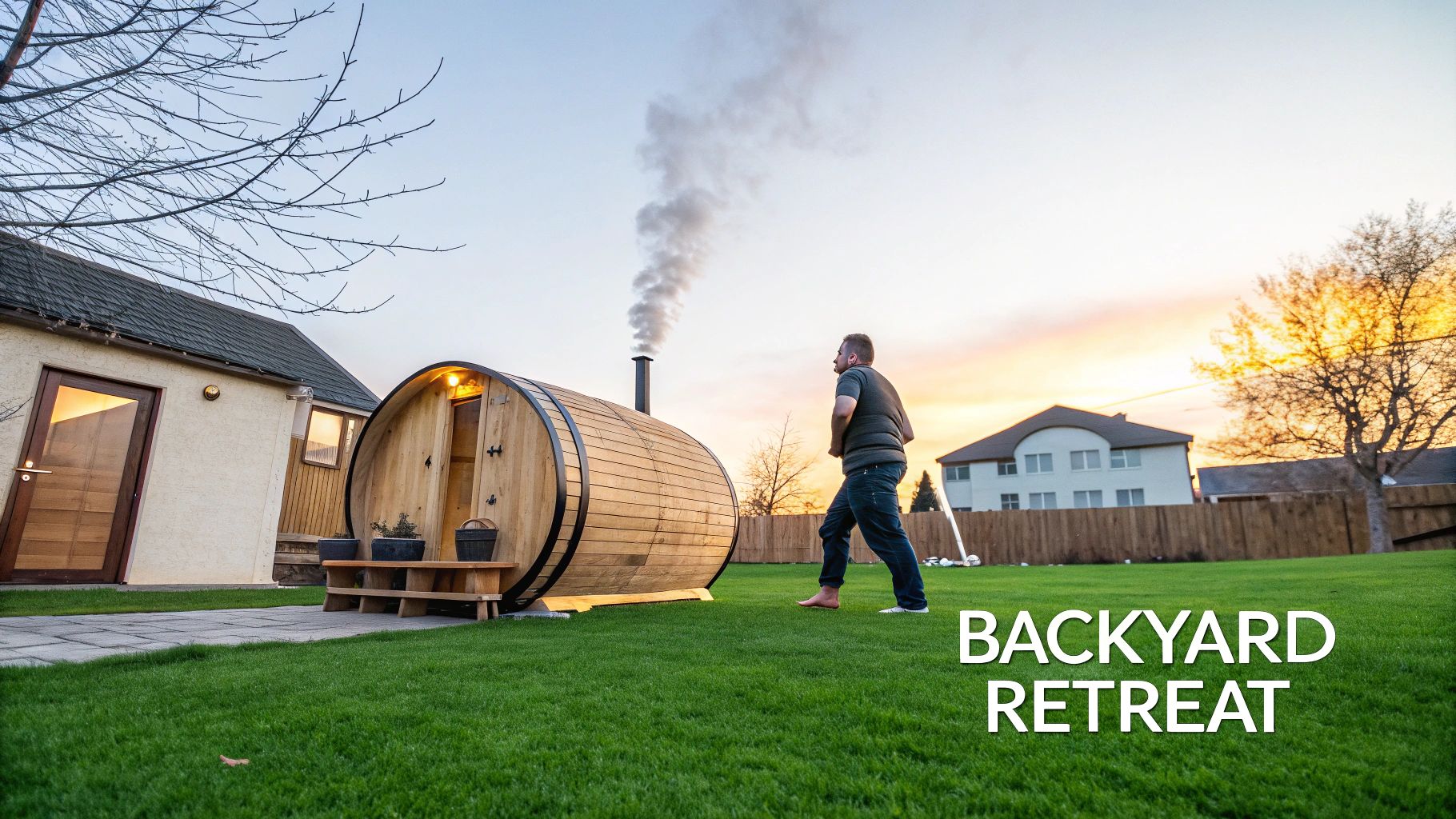 Man approaches a barrel-shaped outdoor sauna with smoke from its chimney in a green backyard.