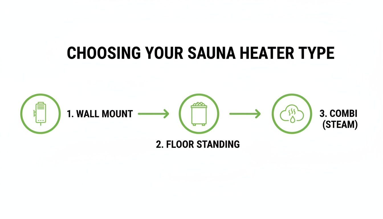 Flowchart illustrating three sauna heater types: wall mount, floor standing, and combi steam.