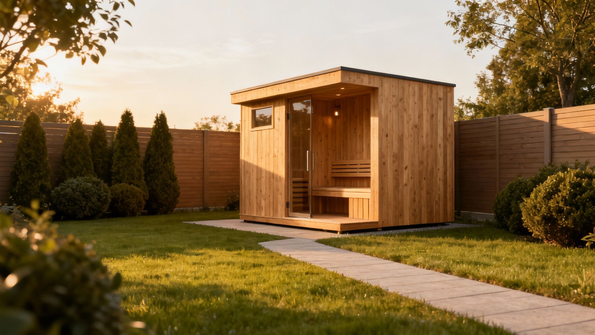 A modern, well-lit outdoor sauna in a backyard setting at dusk.