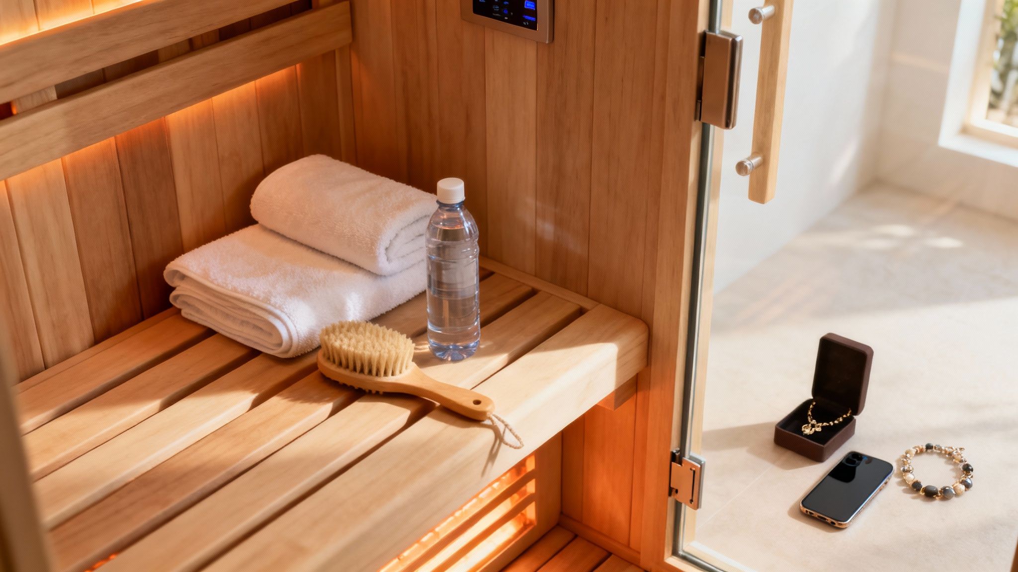 Person holding a towel and water bottle before a sauna session