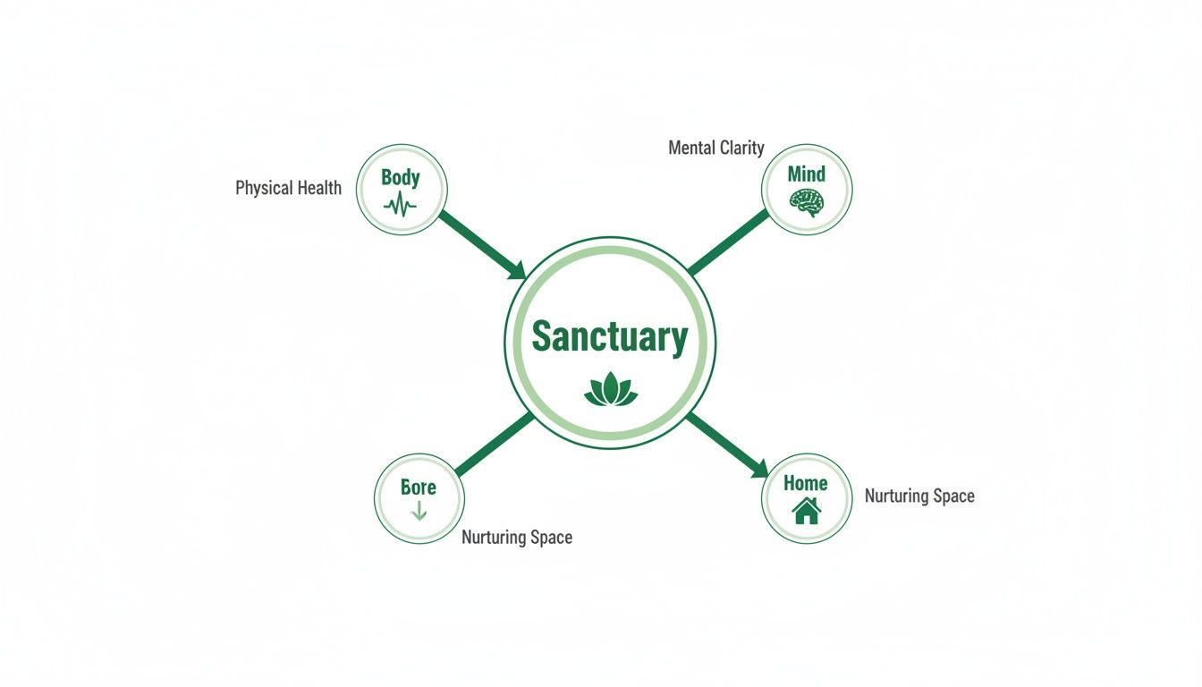 Diagram showing 'Sanctuary' connected to Body (Physical Health), Mind (Mental Clarity), Bore and Home (Nurturing Spaces).