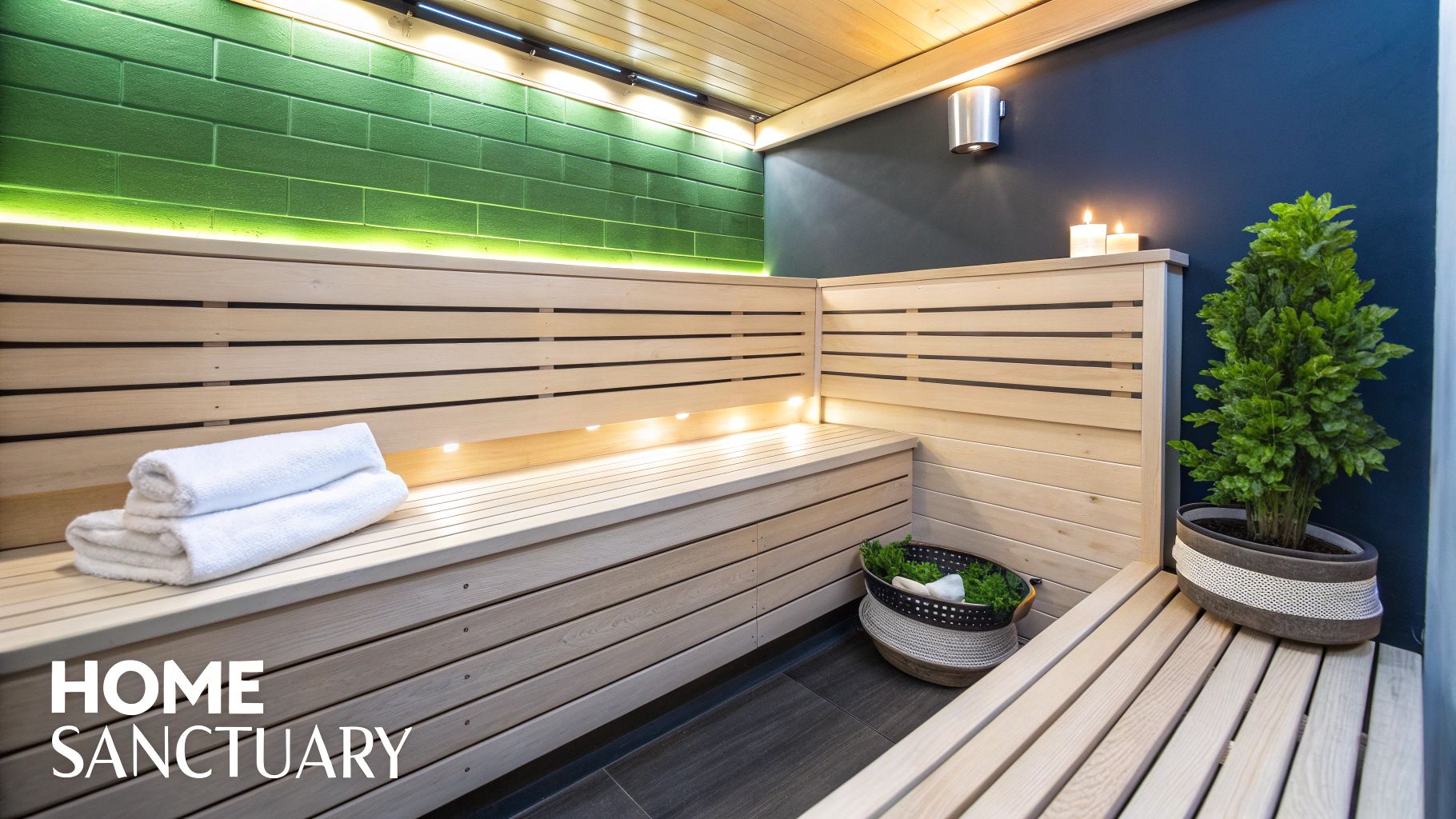 A serene home sauna featuring light wood benches, a green accent wall, and ambient lighting.