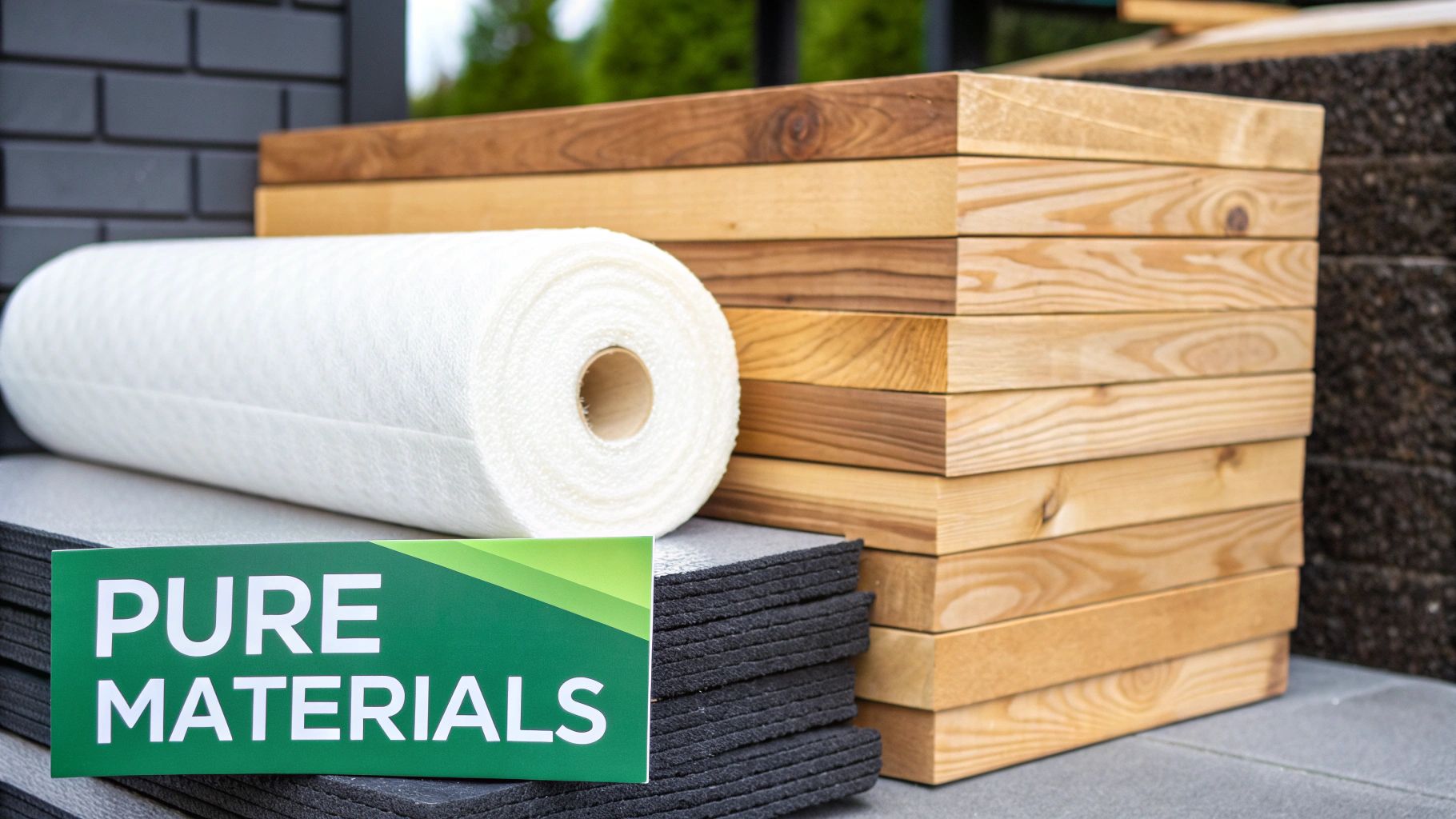 A roll of white insulation, stacks of black foam, and wooden planks for building projects, with a 'PURE MATERIALS' sign.