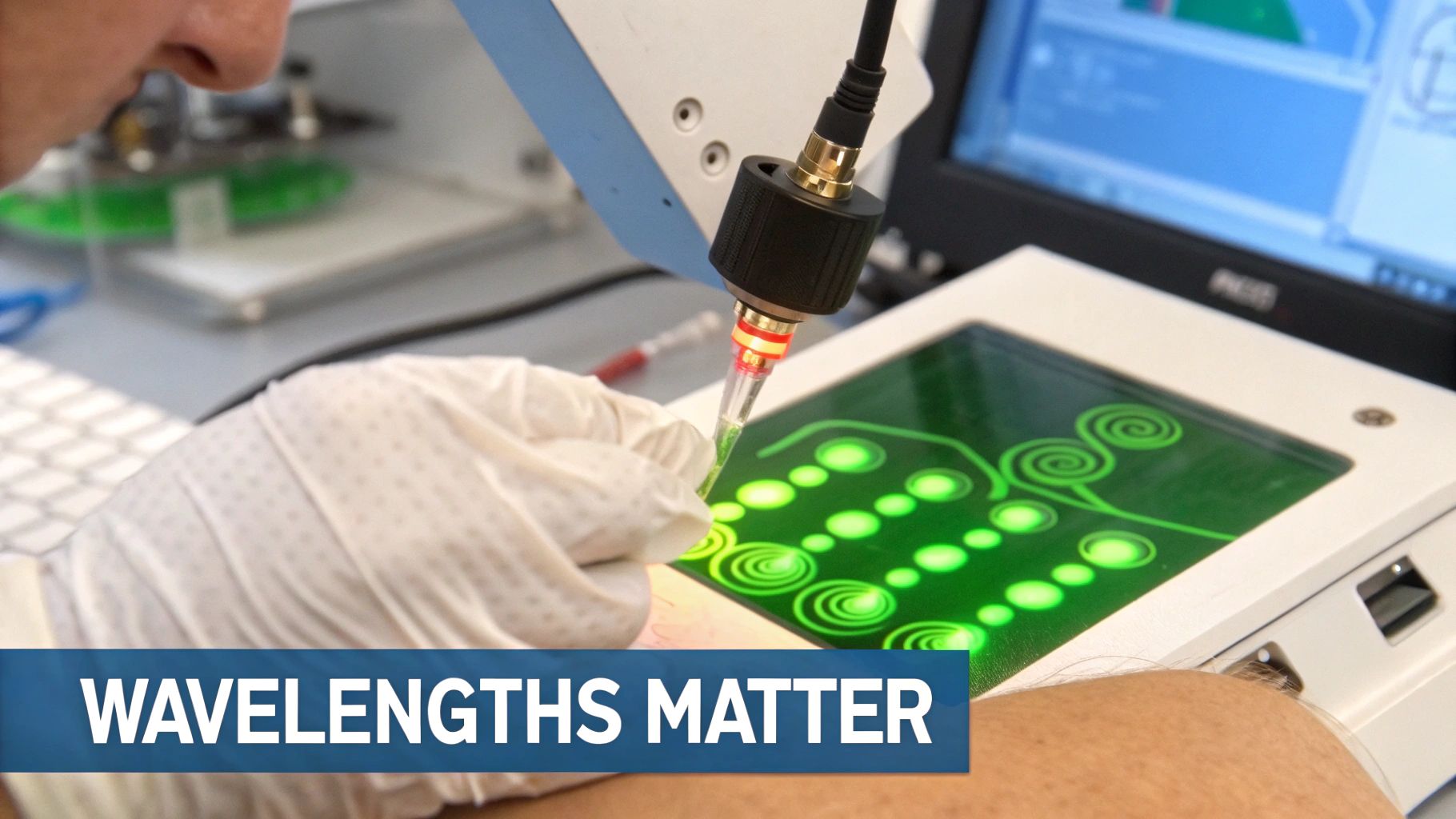 Gloved hands operate a light-emitting scientific instrument over a green patterned surface in a laboratory.