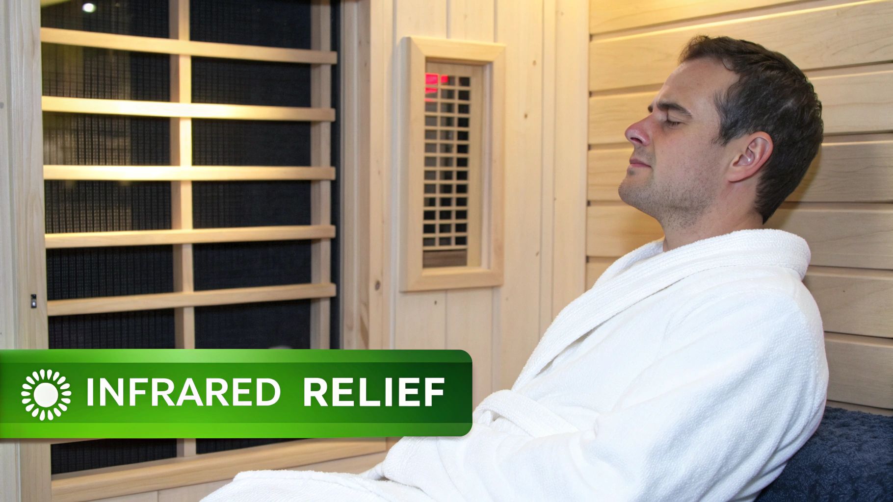 A man in a white robe relaxing with eyes closed inside a modern wooden infrared sauna.
