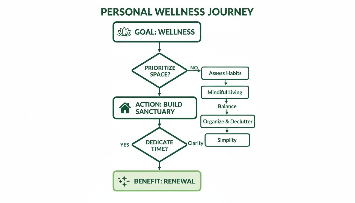 A personal wellness journey flowchart, detailing steps from setting a wellness goal to achieving renewal.
