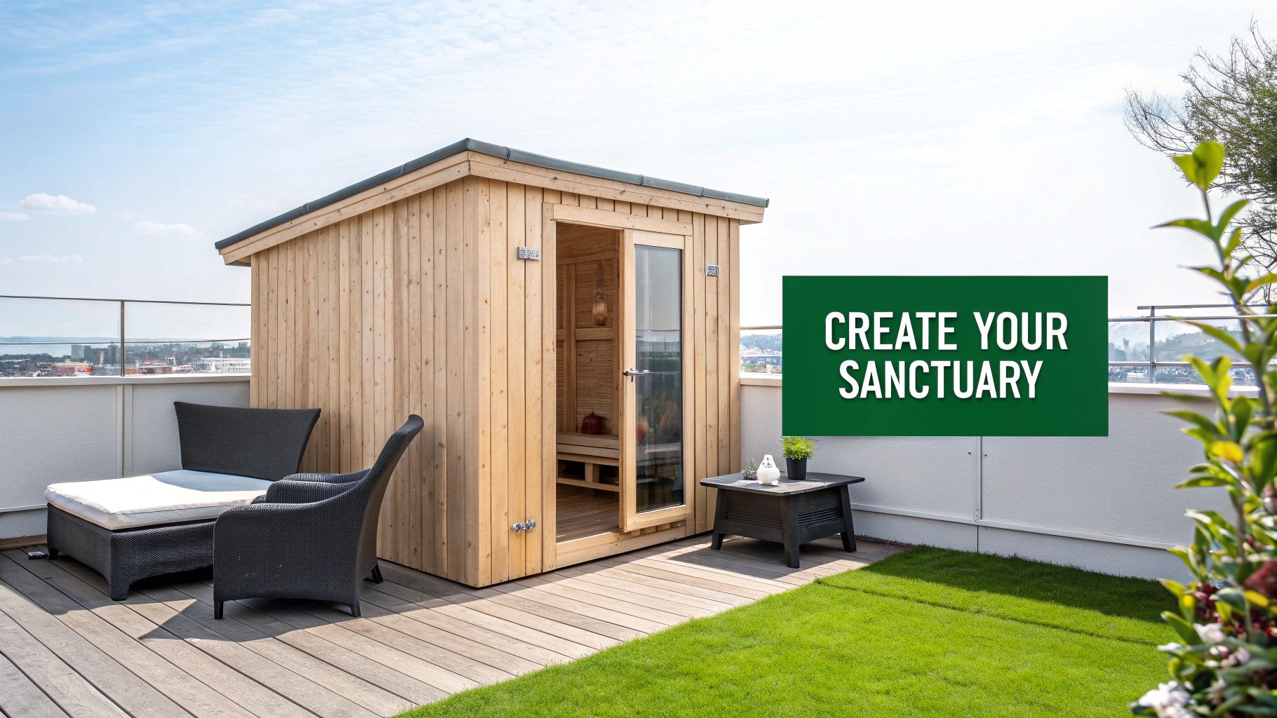 Rooftop terrace featuring a modern wooden sauna, outdoor seating, and a patch of green grass.