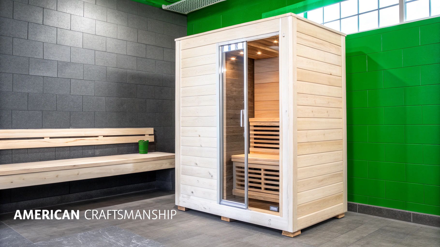 Modern infrared sauna cabin with a glass door in a contemporary room with a wooden bench.