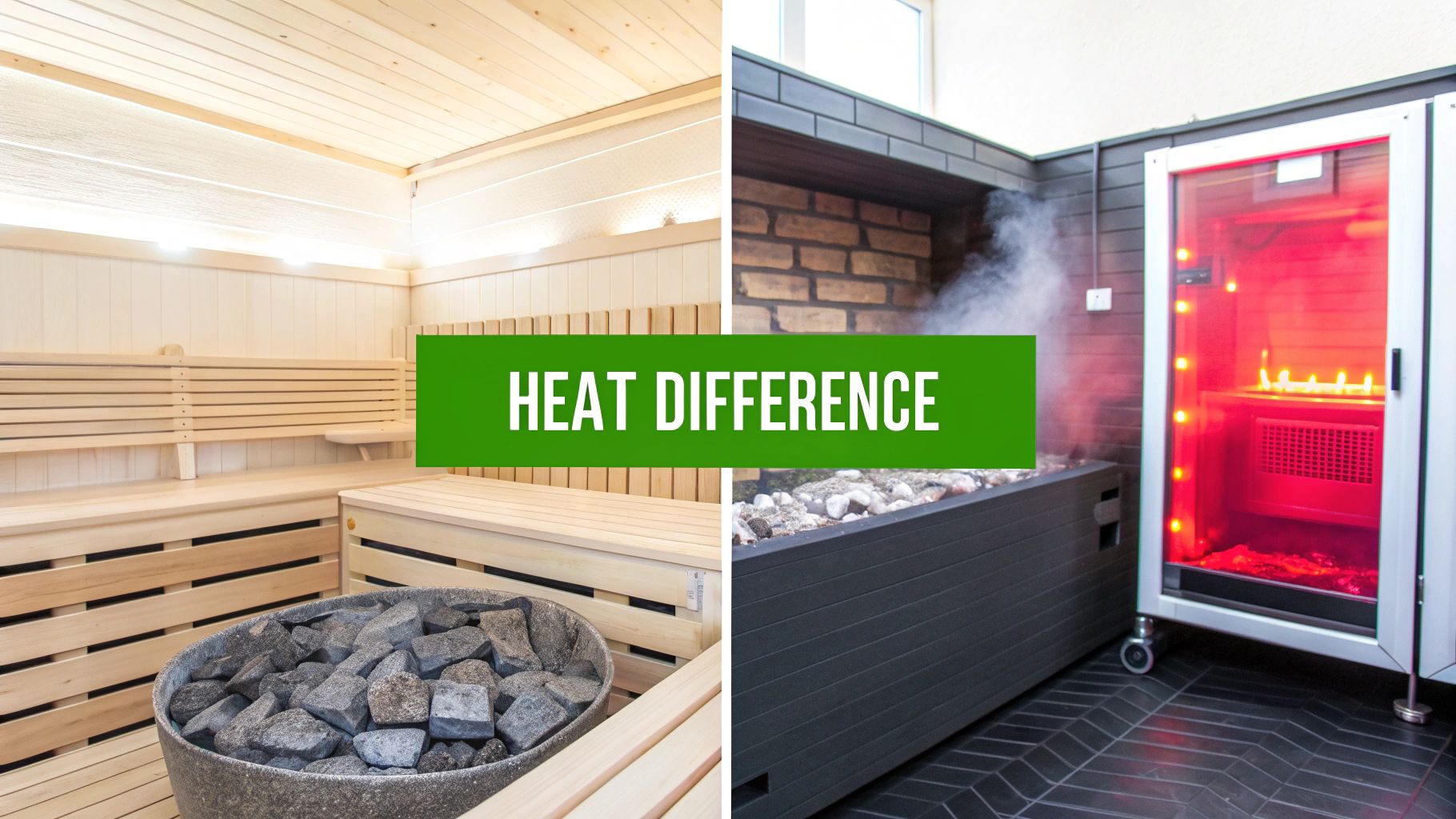 Side-by-side image showing a traditional wood sauna with hot stones and a modern red infrared sauna, highlighting heat differences.