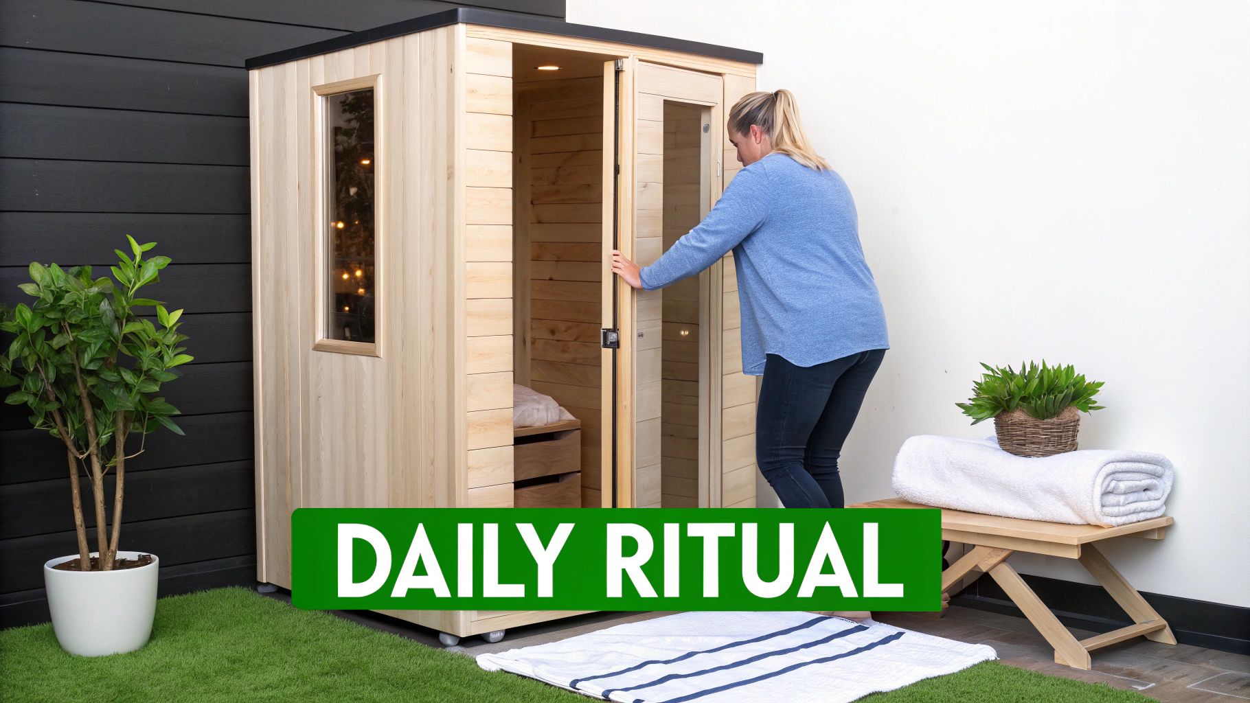 A woman opens the door to a modern outdoor light therapy sauna, embracing a daily wellness ritual.